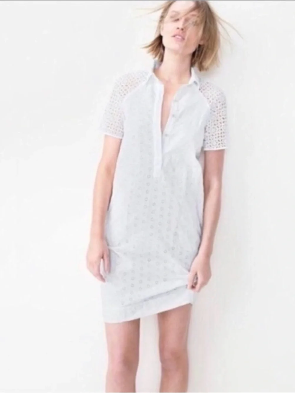 J. Crew White Eyelet Lace Relaxed Fit Cotton Shirt Dress Size 4 - Picture 2 of 9